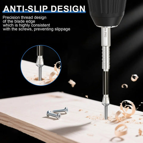 12-Piece High Magnetic Screwdriver Drill Bit Set with non-slip, impact-resistant bits demonstrating stable pro-grade driving in wood