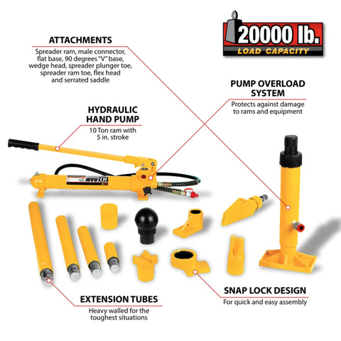 Heavy Duty 10 Ton Hydraulic Collision Repair Kit With 20000 LB Load Capacity Featuring Hand Pump Extenders Spreader Ram And V Base For Knocking Out Auto Body Dents And Frame Straightening Garage Jobs
