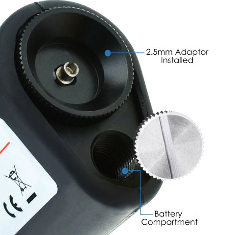Black handheld fiber-optic inspection microscope with 2.5mm adapter installed and battery compartment visible