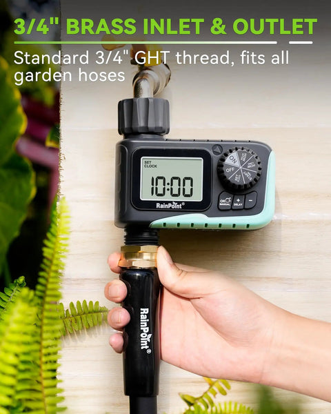 Smart Hose Sprinkler Timer That Makes Watering A Breeze With Rain Delay And Manual Auto Modes Fully Programmable Digital Irrigation For Yard And Lawn One Outlet Outdoor Water Timer with 3/4 inch brass inlet shown in hand