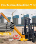 Forklift Jib Boom Crane With 6000 Lb Capacity, adjustable telescopic boom extending for 7ft to 12ft, dual hook hoist.