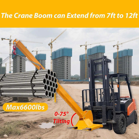 Forklift Jib Boom Crane With 6000 Lb Capacity, adjustable telescopic boom extending for 7ft to 12ft, dual hook hoist.