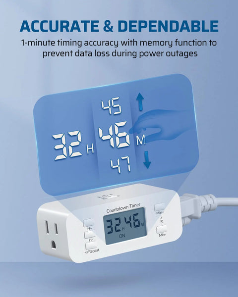 Foolproof Countdown Timer Outlet 2 Pack 36 Hour Run Time Digital Wall Socket with push controls showing timer display.
