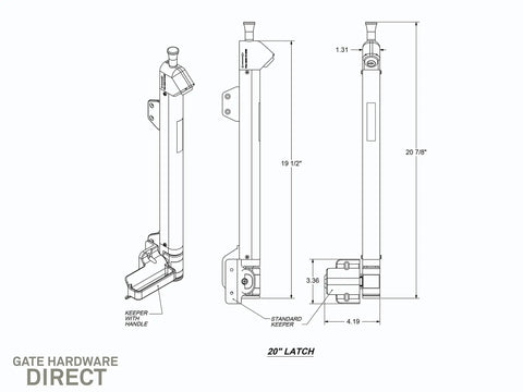 Technical drawing of Magnetic Pool Safety Gate Latch, 20 Inch Tall, Black, Keyed Alike Lock suitable for vinyl, wood, and metal gates.