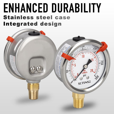 Liquid Filled Pressure Gauge 0 To 300 Psi, Two And A Half Inch Dial, One Quarter Inch NPT Lower Mount, Stainless Steel Case