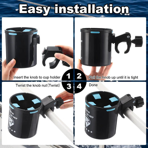 Easy installation of Clamp On Marine Boat Rail Cup Holder Four Pack With 360 Degree Swivel No Drilling Required shown in steps