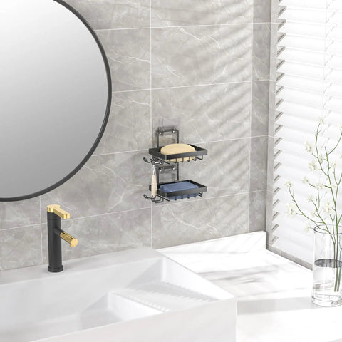Tough As Nails 304 Stainless Steel Double Soap Holder For Shower, No Fuss Adhesive Wall Mount Rack With Four Extra Hooks And Razor Spot, Rust Proof Bathroom Organizer That Seriously Locks In Place