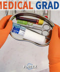 Front view: FINITEX orange nitrile disposable medical gloves on hands holding a steel tray with scissors and bandage.
