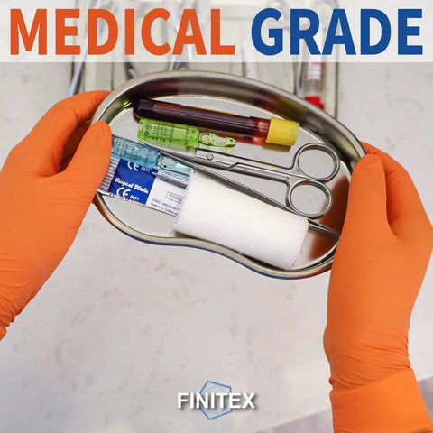 Heavy Duty Nitrile Disposable Gloves In Bright Orange Boasting Tough As Nails Tear Resistance And A Slick Comfort Fit Built For Kitchen Chores Auto Detailing And Garage Grind 100 Pack Box used in a medical setting holding instruments.