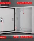 Rugged Outdoor Waterproof Junction Box With Locking Hinges And Dustproof Universal Enclosure, Weatherproof Electrical Box For Outdoor Equipment, Mounting Plates And EV Charger Pedestal Holder, Theft Resistant Lid, open door