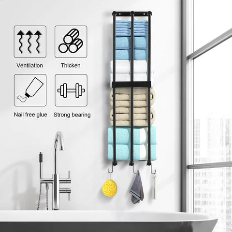 Super Sturdy Steel Towel Rack Wall Mount For Small Bathrooms, 3 Bar Rolled Towel Holder With A Solid Middle Rail, No Fuss Space Saving Bathroom Shelves Solution That Keeps Towels Neat, Sized 29.5 By 7.5 By 5.9 Inches mounted above bathtub with colorful towels.