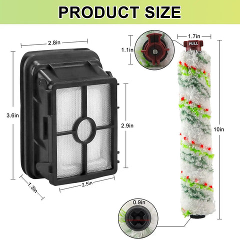 Illustration showing dimensions of Pet Pro Replacement Roller Brush And Filter Set For Crosswave Vacuum Models Including 1785 And 2306 Series