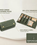 Waxed Canvas Spice Roll Organizer For Camping And Travel, Portable Seasoning Pouch Keeps Jars Upright And Spices Visible, open and closed view.