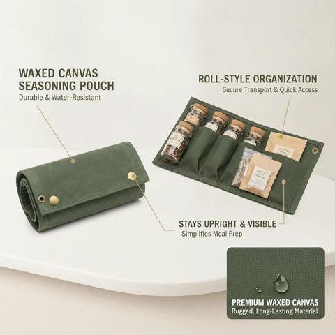 Waxed Canvas Spice Roll Organizer For Camping And Travel, Portable Seasoning Pouch Keeps Jars Upright And Spices Visible, open and closed view.