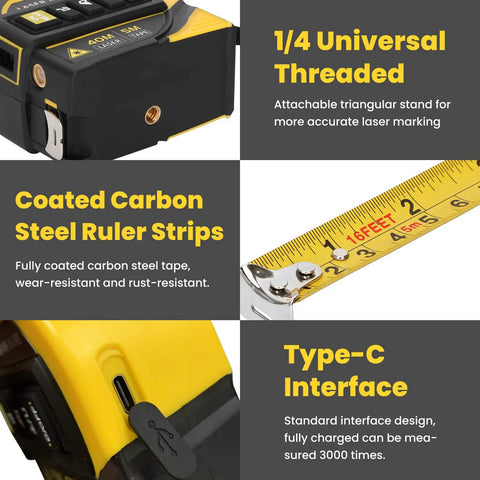 4 In 1 Laser Tape Measure With Level And Crosshairs, 130 Ft Laser Range And 16 Ft AutoLock Tape, side view with Type-C port and steel tape strip