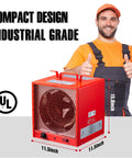 Beast 5600W 240V Infrared Heater For Large Garages And Warehouses displayed with worker, compact industrial design