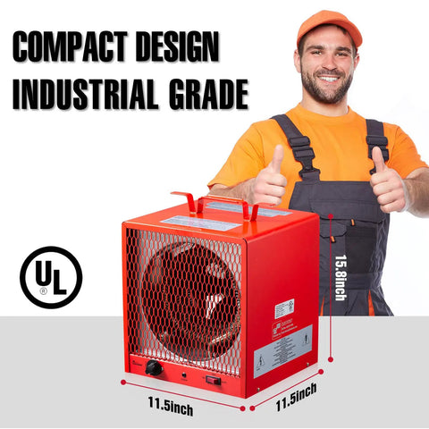 Beast 5600W 240V Infrared Heater For Large Garages And Warehouses displayed with worker, compact industrial design