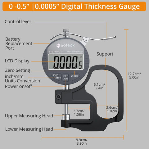 Digital Thickness Gauge For Leather Paper Fabric And Film With 0.0005 Inch Resolution And 0 To 0.5 Inch Range One Hand Operation