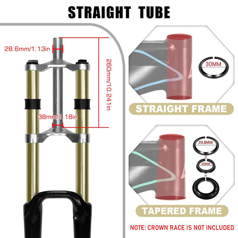 Beefy 26 Inch Mountain Bike Suspension Fork With 180 Mm Travel Magnesium Alloy Downhill Fork showing straight and tapered tube sizes