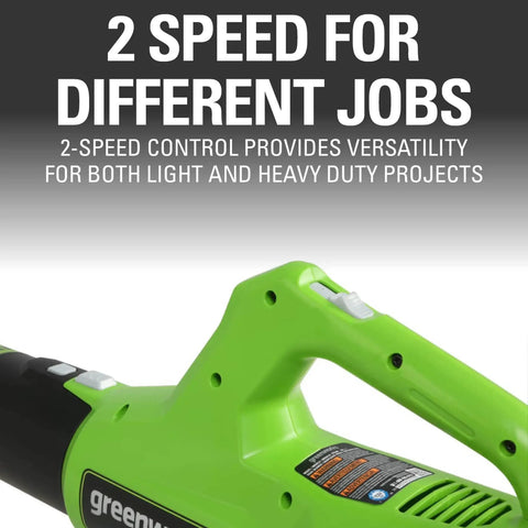No Fuss Outdoor Cleaning Cordless String Trimmer Paired With Killer Leaf Blower Combo Kit showing 2-speed control for versatility.