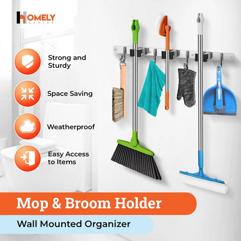Heavy Duty Wall Mount Broom And Mop Holder With 3 Tier Racks And 4 Hooks 17 Inch Stainless Steel Organizer For Garage Kitchen And Laundry Ultimate Clutter Busting Tool Hanger To Maximize Wall Space, shown mounted with cleaning tools.