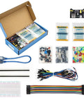 All In One Tinker Ready Starter Electronics Kit With Power Supply Module Breadboard 300 Plus Components Jumpers LEDs Resistors And More For Fun DIY Projects Safely Packed In A Sturdy Box showing components arranged outside the box