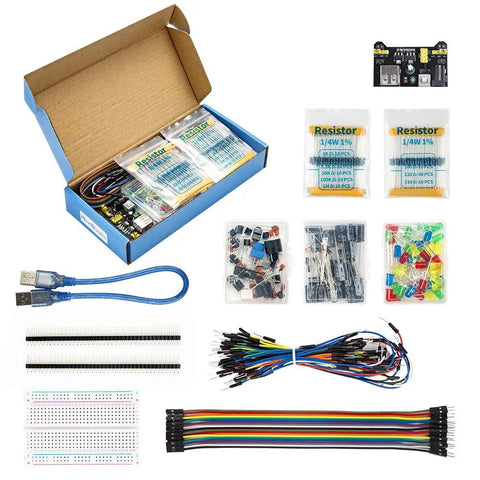 All In One Tinker Ready Starter Electronics Kit With Power Supply Module Breadboard 300 Plus Components Jumpers LEDs Resistors And More For Fun DIY Projects Safely Packed In A Sturdy Box showing components arranged outside the box