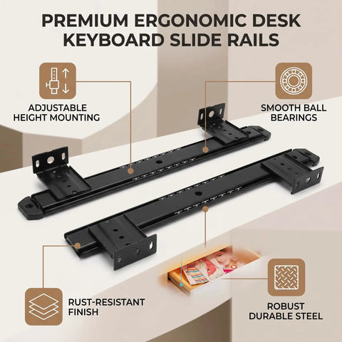 Level Up Your Workstation Game With This Sweet 2 Pack 14 Inch Keyboard Slide Drawer Rails in black with smooth ball bearings.