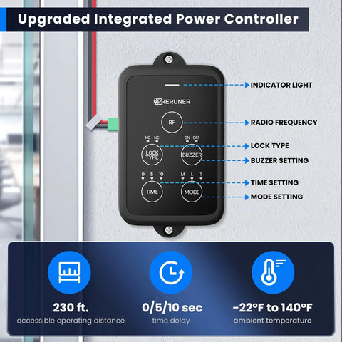 Upgraded Integrated Power Controller with settings options for Built Tough 600 Pound Electromagnetic Door Lock With Integrated Power Box And Two Wireless Remotes For Outswinging Doors No Sweat Install Seamless Access Control System.