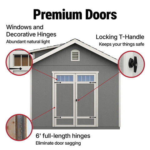 DIY 10x12 Wooden Storage Shed With Floor In Beige For Backyard Organization Featuring Prehung 56 Inch Wide By 6 Foot High Double Doors