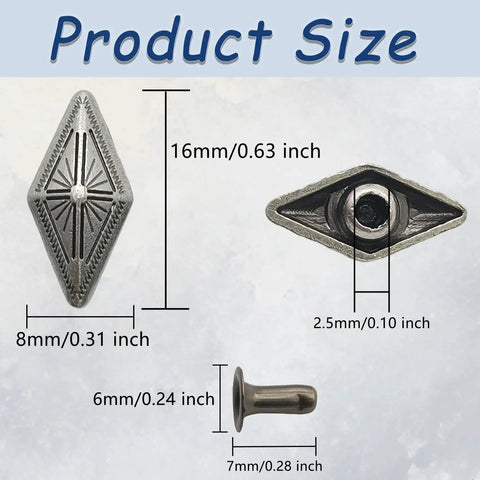 Kickass Diamond Shape Rivets With Screw Back Studs For Leather Crafting And Jacket Embellishment Heavy Duty Zinc Alloy decorative conchos size measurements.