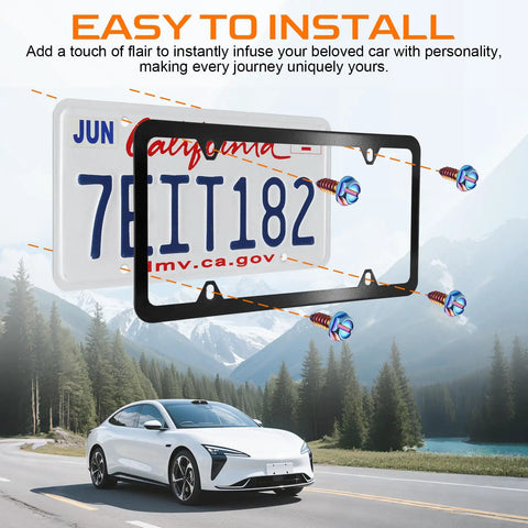 Badass Burnt Titanium License Plate Screws 4 Pack 316 Stainless Steel Rust Proof Bolts Auto Replacement securing a license plate on a car.
