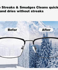 Eyeglass lens cleaning wipes; front view of black-rim eyeglasses with snowy mountain background and before/after labels