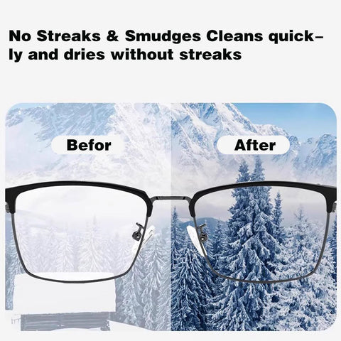 Eyeglass lens cleaning wipes; front view of black-rim eyeglasses with snowy mountain background and before/after labels