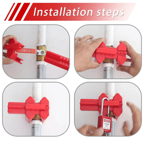 Installation process of adjustable ball valve lockout device on outdoor pipeline for industrial safety with five padlock compatibility.