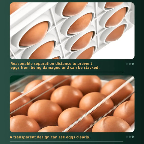 32 Grid Double Layer Egg Holder For Fridge Stackable Clear White Egg Organizer Tray with eggs visible inside