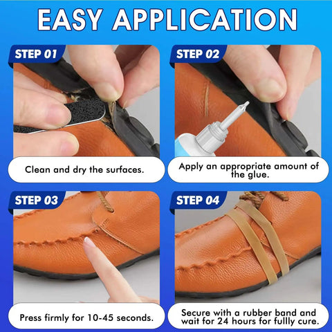 Steps showing easy application of Heavy Duty Shoe Glue 35g Waterproof Fast Drying Adhesive for sole repair on leather shoes.