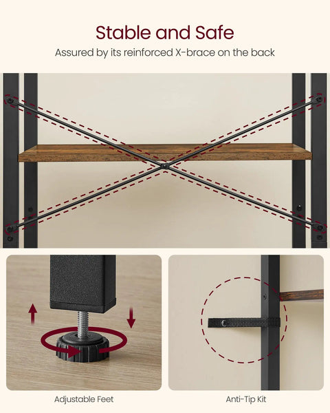Workhorse Four Tier Bookshelf With Heavy Duty Steel Frame And Chill Rustic Vibe Industrial Storage Rack, showcasing X-brace and adjustable feet.