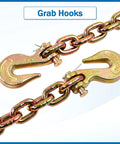 Beefy Three Eighths Inch Transport Binder Chain G80 Tow Chain With Grab Hooks Ten Feet Long 7100 Lb Safe Working Load Yellow Electroplated