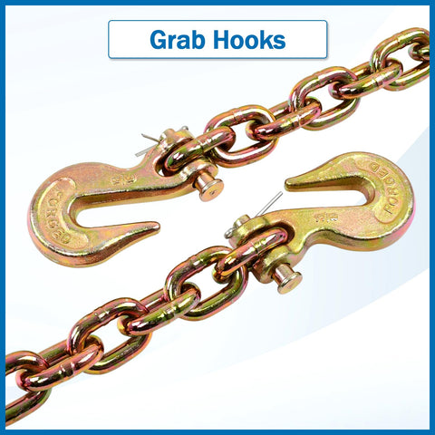 Beefy Three Eighths Inch Transport Binder Chain G80 Tow Chain With Grab Hooks Ten Feet Long 7100 Lb Safe Working Load Yellow Electroplated