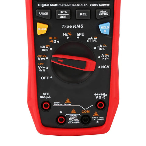 Close-up of Pro Grade Digital Multimeter With True RMS, 22K Counts, 1000V AC DC Range, 20A Current, displaying control dial.