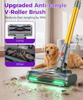 Heavy Duty Cordless Stick Vacuum Delivering A Rock Solid 55Kpa Suction And Snappy 650W Motor, Extended Eighty Minute Battery Life, Self Standing Anti Tangle Brush cleaning pet hair on hardwood floors.