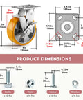 Built Tough Six Inch Heavy Duty Caster Wheels Set Of Four With Secure Lock Plates Rock Solid Six Thousand Pound Lift Capacity For Shop Carts Workbenches And Utility Dollies In Bright Orange Finish with dimensions and accessories.