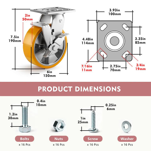 Built Tough Six Inch Heavy Duty Caster Wheels Set Of Four With Secure Lock Plates Rock Solid Six Thousand Pound Lift Capacity For Shop Carts Workbenches And Utility Dollies In Bright Orange Finish with dimensions and accessories.