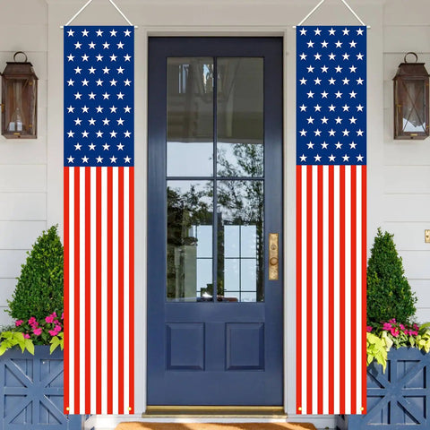All American Outdoor Flag Banners For Patriotic Events And Holidays 4th Of July Decor on porch with blue door and plants.