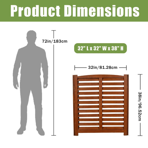 32 Inch Wide By 38 Inch High Three Panel Outdoor AC Fence Screen dimensions displayed with human silhouette for scale