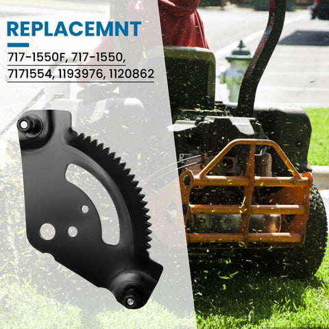 Steering Gear Pinion Gear For Lawn Mower Replacement showing sector plate near mower. Fits Cub Cadet LTX LT Series Toro Troy Bilt Craftsman MTD Models Replaces 717-1550F 717-1550 717-1554