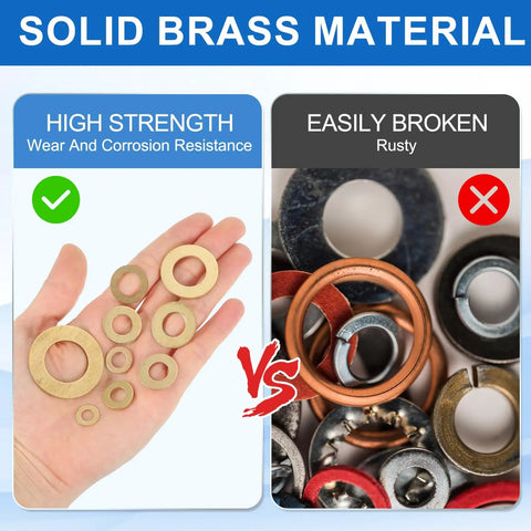 Dead Nuts Tight Brass Flat Washers 8 Pack 18Mm Hex Bolt Hardware Kit for Automotive with solid brass material in hand.
