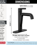 Matte Black One Hole Faucet For 4 Inch Installations With Deck Plate Included Fits One Or Three Hole Sinks Push Pop Drain Vanity Tap Modern Sleek Design Durable Finish High Flow Water with dimensions