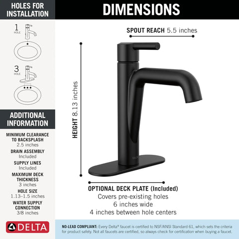 Matte Black One Hole Faucet For 4 Inch Installations With Deck Plate Included Fits One Or Three Hole Sinks Push Pop Drain Vanity Tap Modern Sleek Design Durable Finish High Flow Water with dimensions